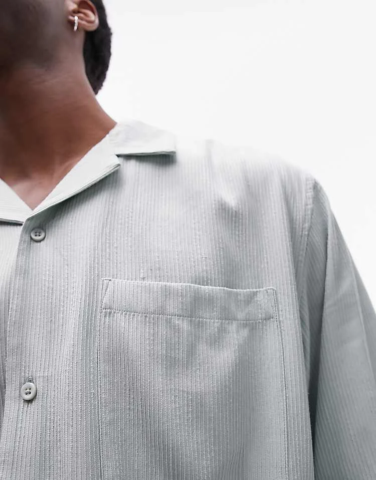 Topman Short Sleeve Relaxed Revere Textured Shirt In Sage For Men 5 Topman Short Sleeve Relaxed Revere Textured Shirt In Sage For Men - Image 3