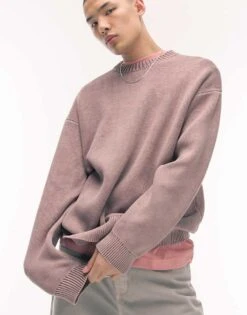 Topman Acid Wash Relaxed Fit Jumper In Mauve For Men