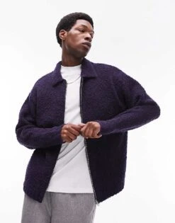 Topman Knitted Boucle With Alpaca Zip Through Cardigan In Navy For Men -Daily Wardrobe Shop 205442609 1 navy 1