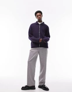 Topman Knitted Boucle With Alpaca Zip Through Cardigan In Navy For Men -Daily Wardrobe Shop 205442609 4