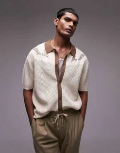 Topman Relaxed Embroidered Knitted Shirt In Stone For Men -Daily Wardrobe Shop 205442656 1 stone 1