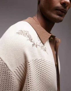 Topman Relaxed Embroidered Knitted Shirt In Stone For Men -Daily Wardrobe Shop 205442656 3