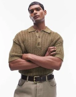 Topman Open Knit Crochet Polo In Khaki For Men -Daily Wardrobe Shop 205442666 4