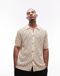 Topman Crochet Button Through Shirt In Stone For Men -Daily Wardrobe Shop 205442690 3