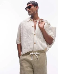 Topman Button Through Crochet Shirt In Ecru For Men -Daily Wardrobe Shop 205442715 1 ecru 1