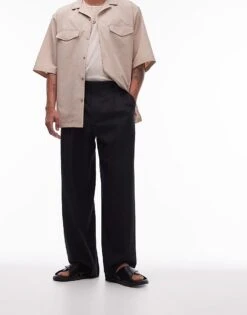 Topman Linen Blend Mix Wide Leg Trouser In Black For Men -Daily Wardrobe Shop 205456917 1 black 1