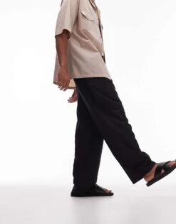 Topman Linen Blend Mix Wide Leg Trouser In Black For Men -Daily Wardrobe Shop 205456917 4