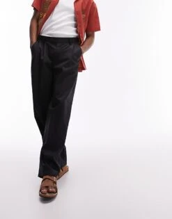 Topman Smart Wide Leg Compact Cotton Trouser In Black For Men -Daily Wardrobe Shop 205477439 3