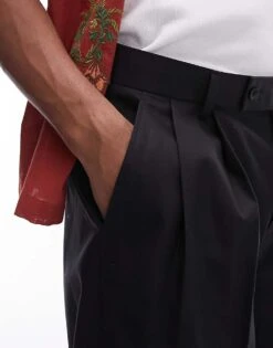 Topman Smart Wide Leg Compact Cotton Trouser In Black For Men -Daily Wardrobe Shop 205477439 4