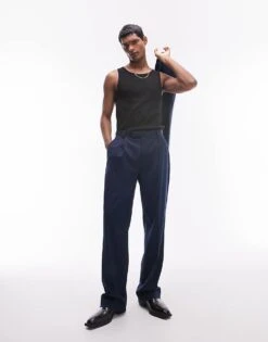 Topman Straight Highwaist Relaxed Trousers In Navy For Men -Daily Wardrobe Shop 205488958 1 navy 1