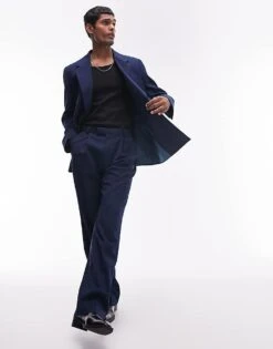 Topman Straight Highwaist Relaxed Trousers In Navy For Men -Daily Wardrobe Shop 205488958 4