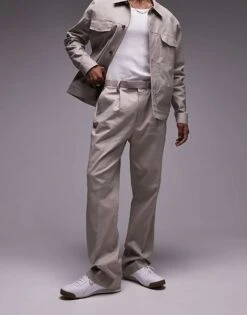 Topman Straight Linen Blend Co-ord Trousers In Stone For Men -Daily Wardrobe Shop 205489004 4