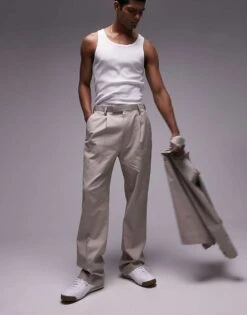 Topman Straight Linen Blend Co-ord Trousers In Stone For Men -Daily Wardrobe Shop 205489004 5