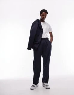 Topman Wide Leg Wool Mix Suit Trousers In Navy For Men