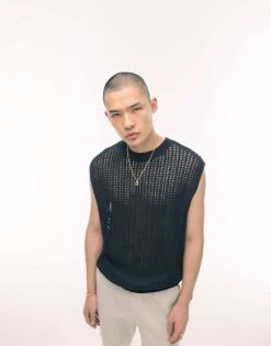 Topman Knitted Crochet Tank In Black For Men -Daily Wardrobe Shop 205561897 1 black 1