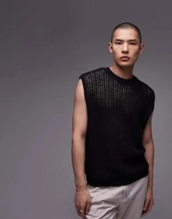 Topman Knitted Crochet Tank In Black For Men -Daily Wardrobe Shop 205561897 4