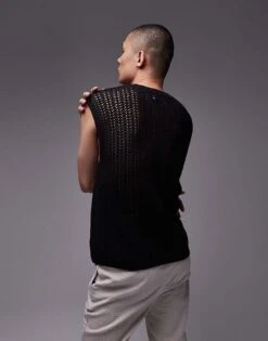 Topman Knitted Crochet Tank In Black For Men -Daily Wardrobe Shop 205561897 5