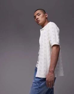 Topman Textured Knit Button Through In White For Men -Daily Wardrobe Shop 205561905 4