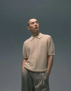 Topman Knitted Sheer Crochet Polo With Gold Yarn In Stone For Men Ecru