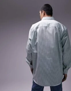 Topman Long Sleeve Oversized Green Stripe Shirt For Men -Daily Wardrobe Shop 205574574 3