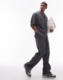Topman Co-ord Wide Leg Plisse Trousers In Grey For Men