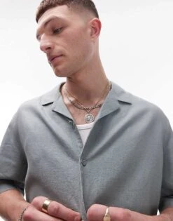 Topman Short Sleeve Boxy Linen Blend Shirt In Sage For Men