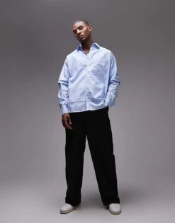 Topman Long Sleeve Oversized Double Sleeve Cotton Shirt In Blue Stripe For Men -Daily Wardrobe Shop 205644016 1 blue 1