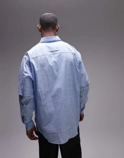 Topman Long Sleeve Oversized Double Sleeve Cotton Shirt In Blue Stripe For Men -Daily Wardrobe Shop 205644016 4