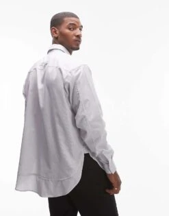 Topman Long Sleeve Oversized Double Hem Stripe Shirt In Multi For Men Grey 10 Topman Long Sleeve Oversized Double Hem Stripe Shirt In Multi For Men Grey -Daily Wardrobe Shop 205644026 4