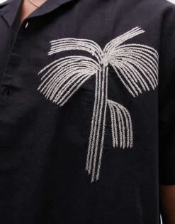 Topman Short Sleeve Embroidered Palm Shirt In Black For Men -Daily Wardrobe Shop 205644891 3