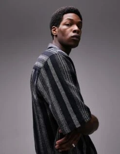 Topman Short Sleeve Relaxed Revere Textured Striped Shirt In Black For Men