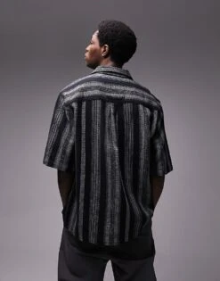 Topman Short Sleeve Relaxed Revere Textured Striped Shirt In Black For Men -Daily Wardrobe Shop 205644985 3