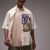 Topman Short Sleeve Relaxed Placement Print Shirt In Ecru For Men -Daily Wardrobe Shop 205644995 1 ecru