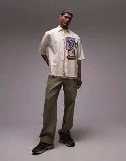 Topman Short Sleeve Relaxed Placement Print Shirt In Ecru For Men -Daily Wardrobe Shop 205644995 4