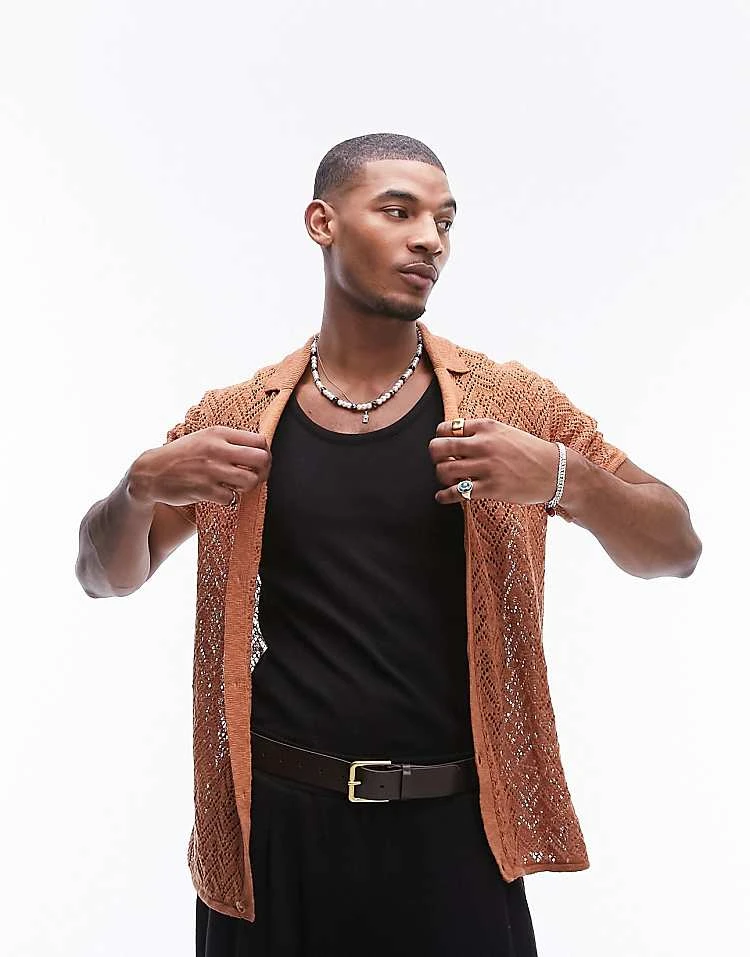 Topman Textured Crochet Button Through In Rust For Men Brown 3 Topman Textured Crochet Button Through In Rust For Men Brown