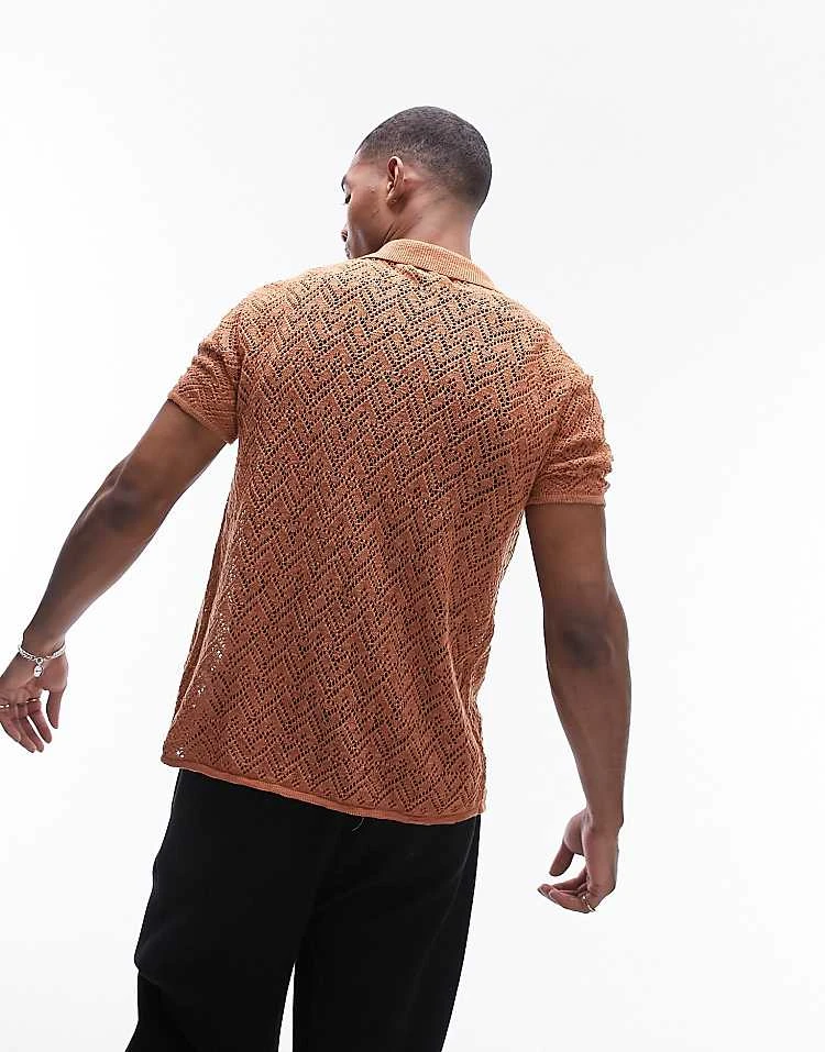 Topman Textured Crochet Button Through In Rust For Men Brown 6 Topman Textured Crochet Button Through In Rust For Men Brown - Image 4
