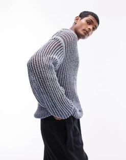 Topman Oversized Acid Wash Open Knit Jumper In Blue For Men -Daily Wardrobe Shop 205665295 3