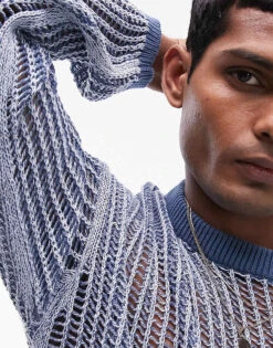 Topman Oversized Acid Wash Open Knit Jumper In Blue For Men -Daily Wardrobe Shop 205665295 4