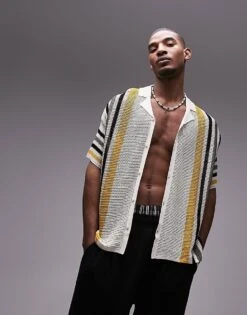 Topman Open Knitted Shirt With Stripes In White For Men Multi -Daily Wardrobe Shop 205665303 1 multi 1