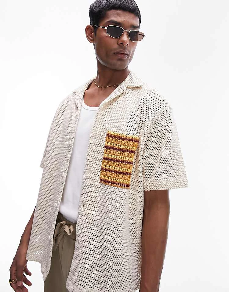 Topman Short Sleeve Crochet Pocket Shirt In Stone For Men Multi 3 Topman Short Sleeve Crochet Pocket Shirt In Stone For Men Multi