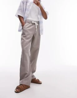 Topman Straight Linen Blend Trousers In Stone For Men -Daily Wardrobe Shop 205680659 1 stone 1