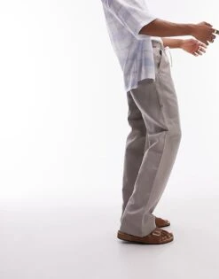 Topman Straight Linen Blend Trousers In Stone For Men -Daily Wardrobe Shop 205680659 4