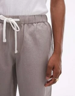 Topman Straight Linen Blend Trousers In Stone For Men -Daily Wardrobe Shop 205680659 5