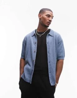 Topman Relaxed Fit Knitted Textured Button Through Shirt In Blue For Men -Daily Wardrobe Shop 205685940 1 blue 1