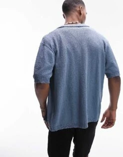 Topman Relaxed Fit Knitted Textured Button Through Shirt In Blue For Men -Daily Wardrobe Shop 205685940 2