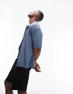 Topman Relaxed Fit Knitted Textured Button Through Shirt In Blue For Men -Daily Wardrobe Shop 205685940 4