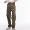 Topman Wide Leg Workwear Chino Trousers With Pleats In Khaki For Men