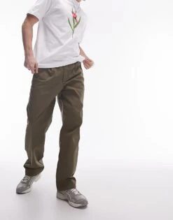 Topman Wide Leg Workwear Chino Trousers With Pleats In Khaki For Men -Daily Wardrobe Shop 205689019 5