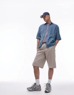 Topman Long Line Shorts With Pintuck In Stone For Men -Daily Wardrobe Shop 205689658 1 stone 1