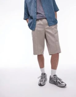 Topman Long Line Shorts With Pintuck In Stone For Men -Daily Wardrobe Shop 205689658 5
